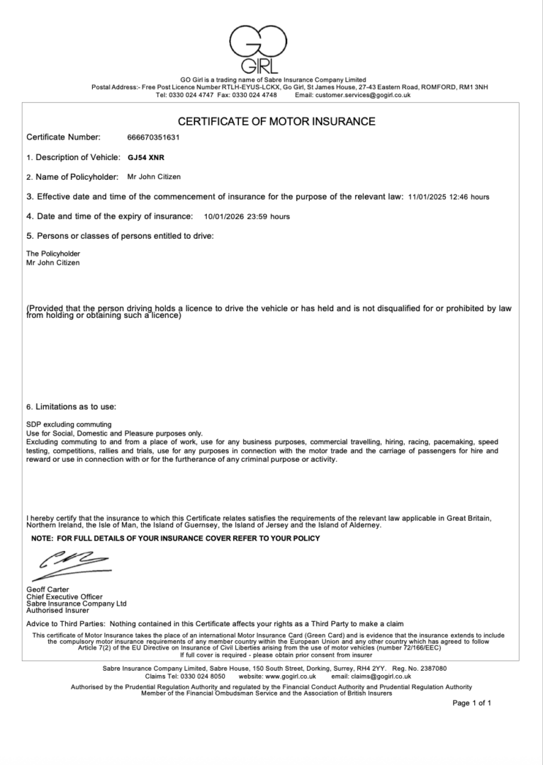 UK Sabre Insurance Company certificate of motor insurance Word and PDF template