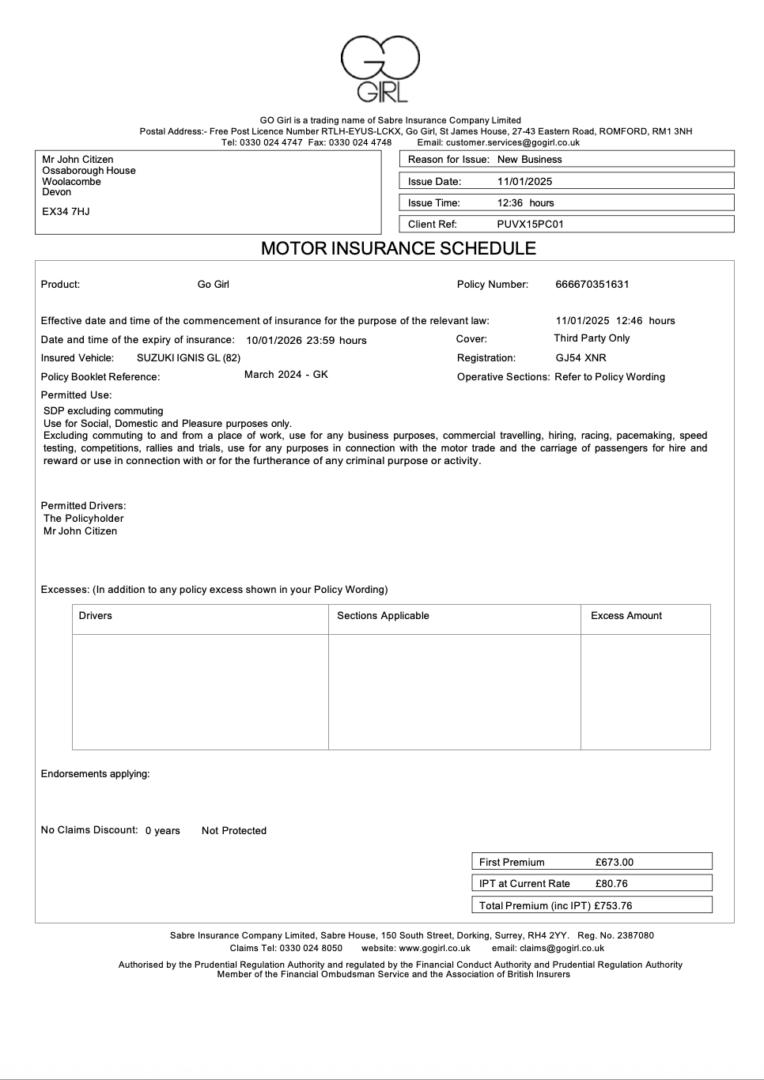 UK Sabre Insurance Company motor insurance schedule Word and PDF template