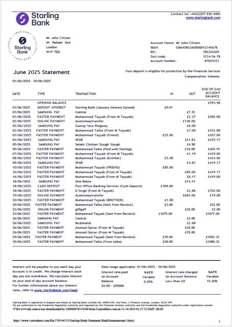 UK Starling Bank statement Word and PDF template