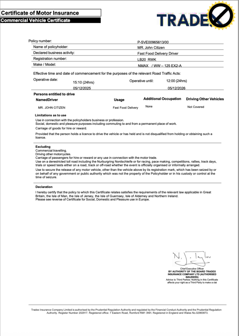 UK Tradex Insurance Services certificate of motor insurance Word and PDF template, version 2