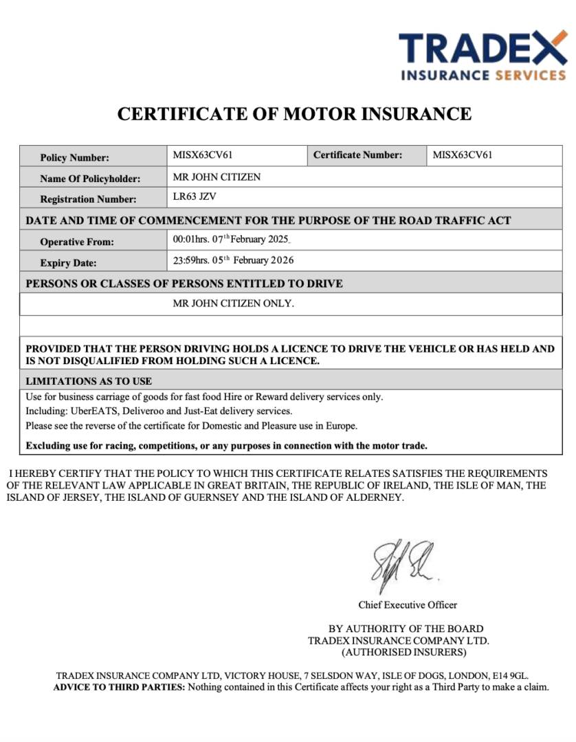 UK Tradex Insurance Services certificate of motor insurance Word and PDF template