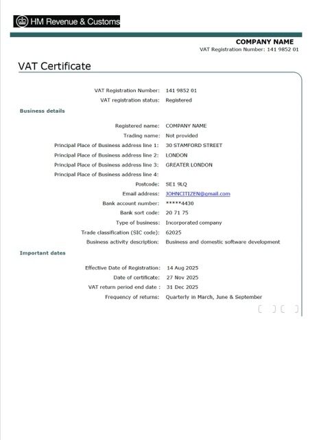 UK VAT certificate Word and PDF template