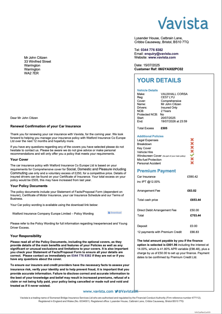 UK Vavista Car Insurance renewal confirmation of car insurance Word and PDF template
