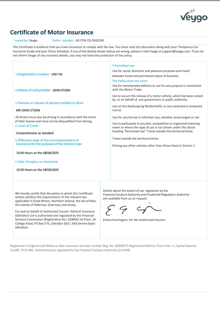 UK Veygo certificate of motor insurance Word and PDF template