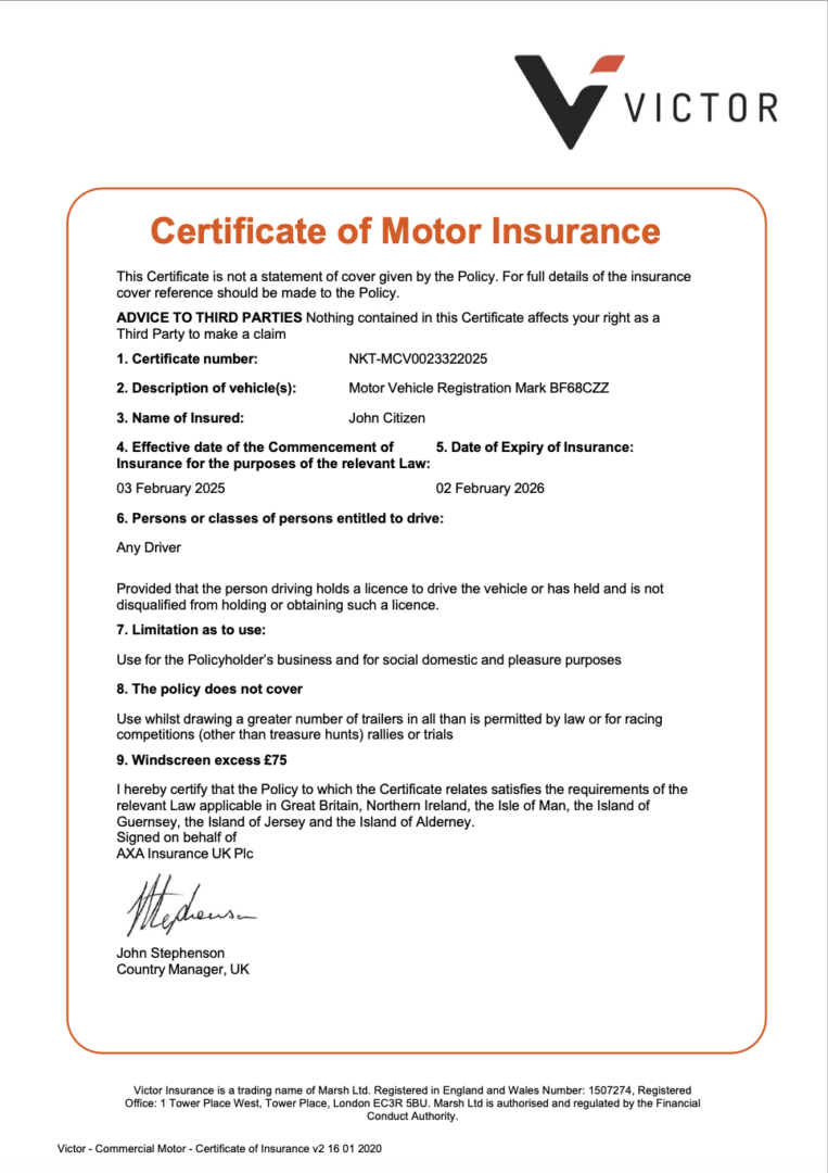UK Victor Insurance certificate of motor insurance Word and PDF template
