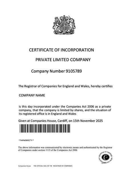 UK certificate of incorporation of a private limited company Word and PDF template, version 2