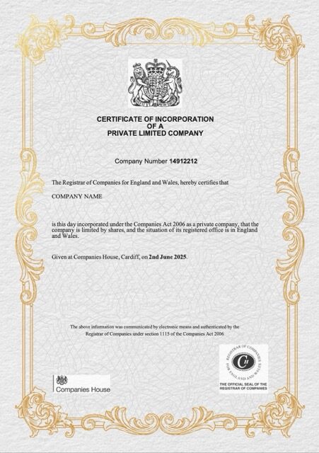 UK certificate of incorporation of a private limited company Word and PDF template, version 3