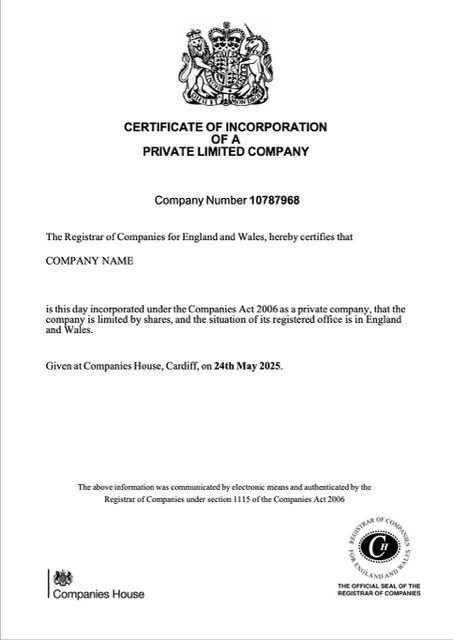UK certificate of incorporation of a private limited company Word and PDF template