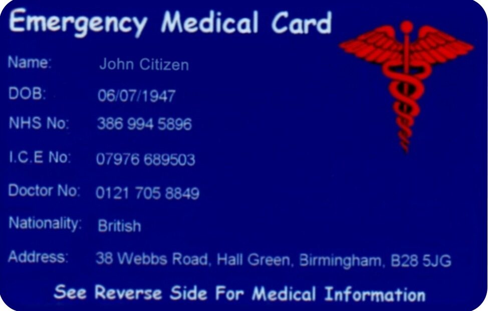 UK emergency medical card template in PSD format