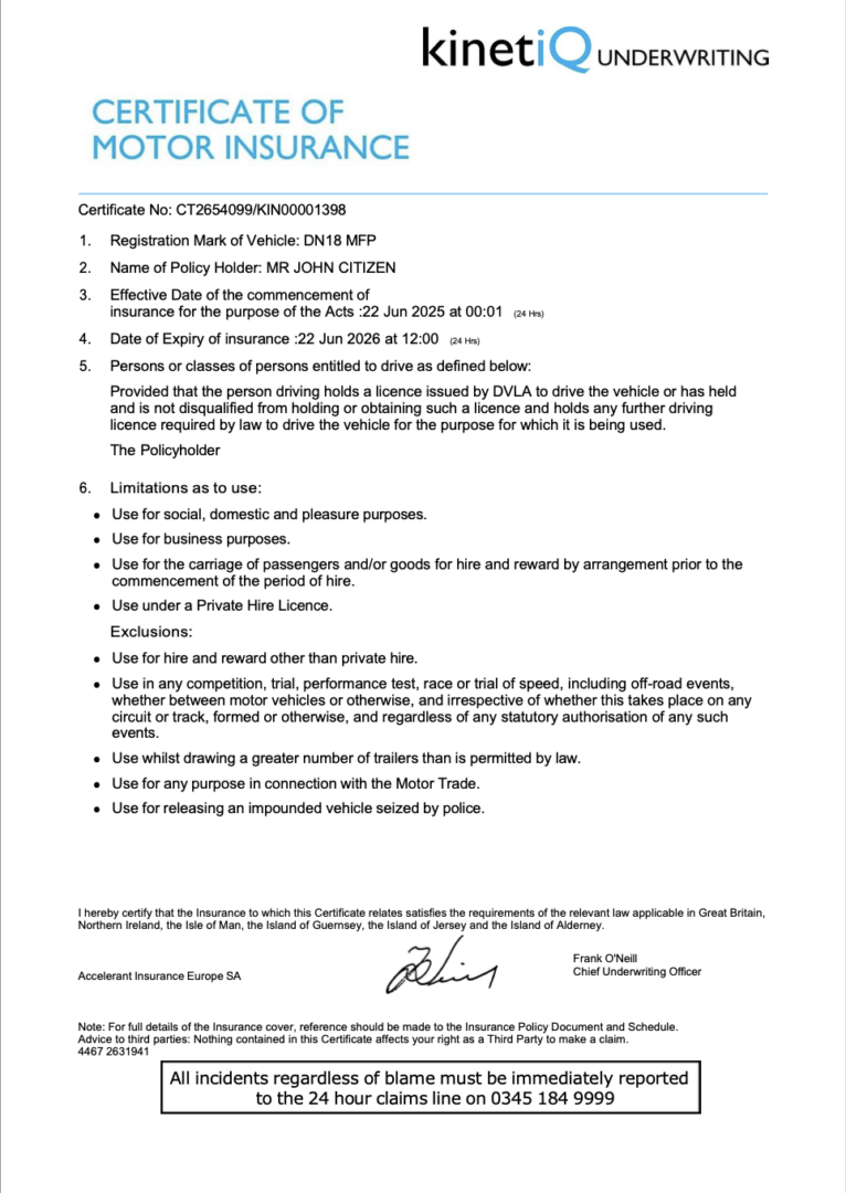 UK kinetiQ Underwriting certificate of motor insurance Word and PDF template