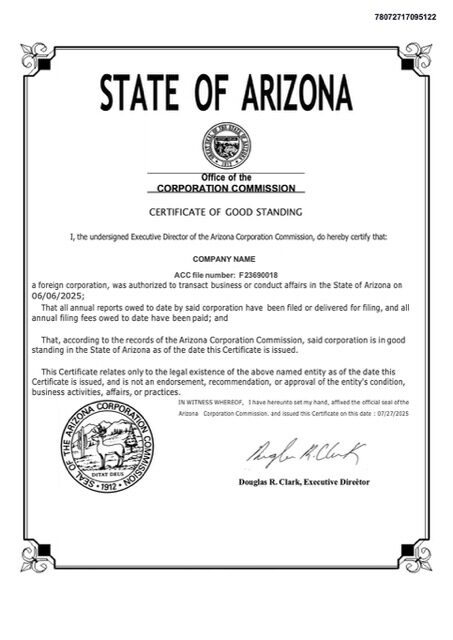 USA Arizona certificate of good standing Word and PDF template, version 2
