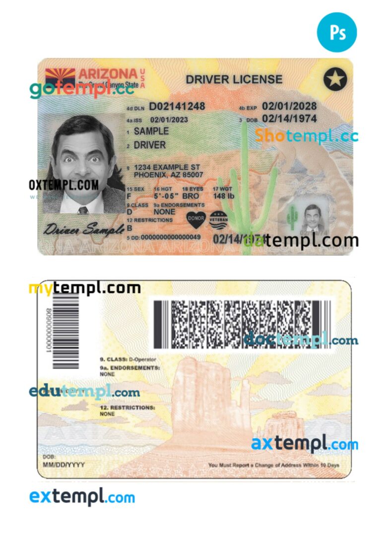 USA Arizona driving license PSD editable template, 2023-present