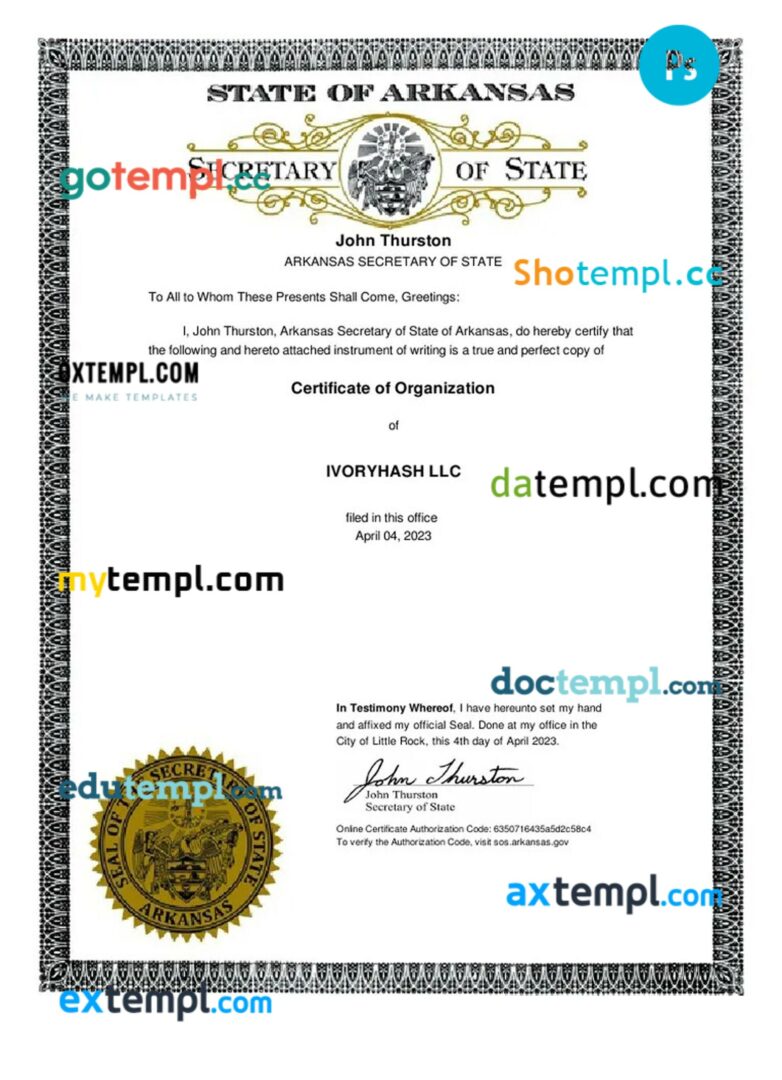 USA Arkanas company certificate of organization PSD template