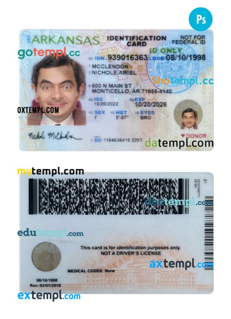 USA Arkansas ID card PSD template