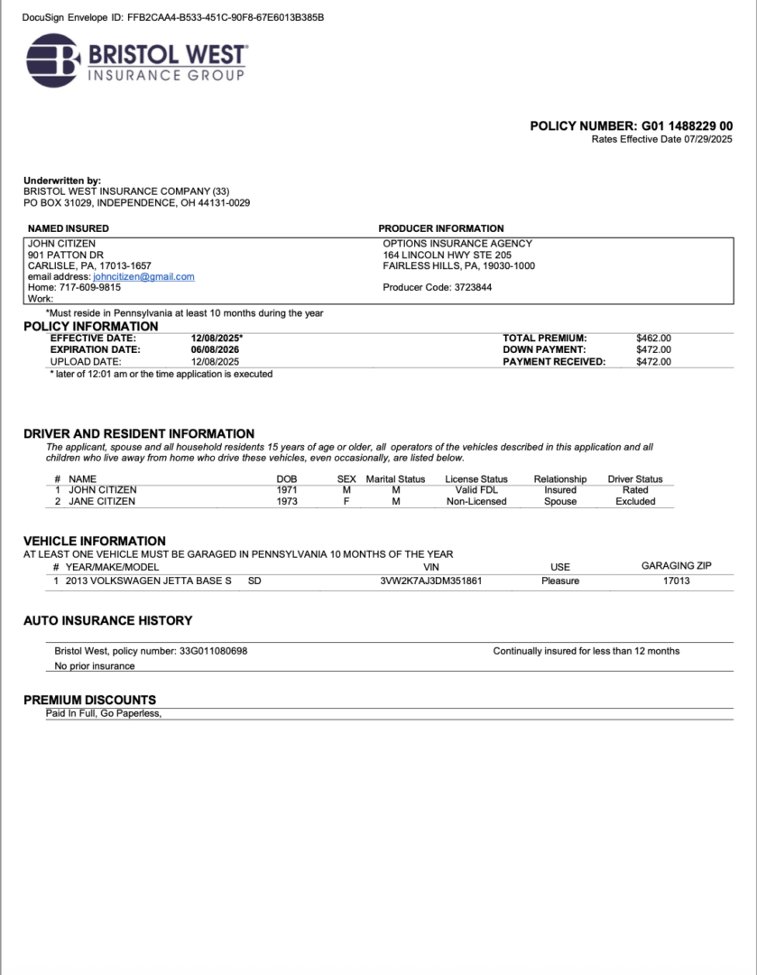 USA Bristol West insurance certificate Word and PDF template