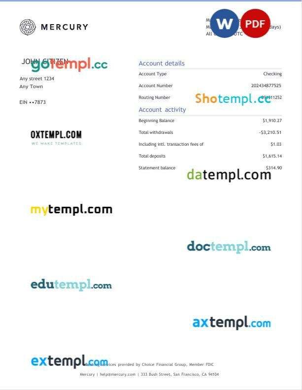 USA CA San Francisco Mercury bank statement, Word and PDF template, 3 pages