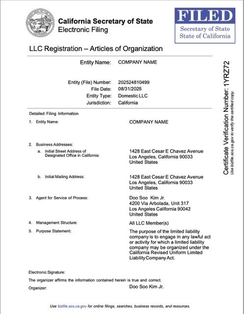 USA California LLC registration Word and PDF template