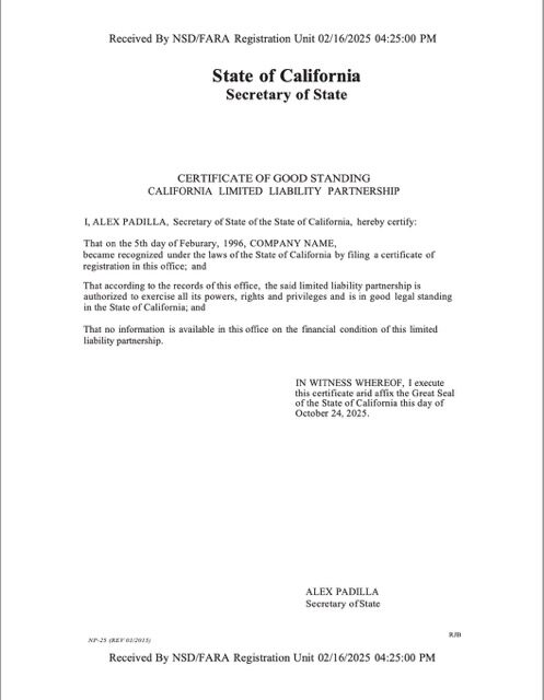 USA California certificate of good standing Word and PDF template