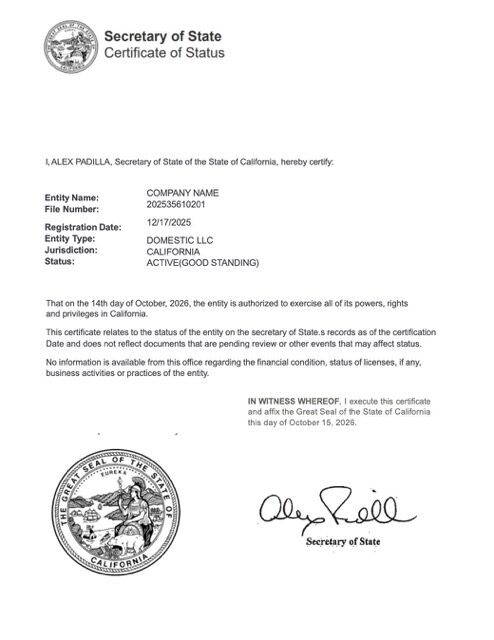 USA California certificate of good standing Word and PDF template, version 2
