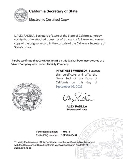 USA California electronic registration certificate Word and PDF template