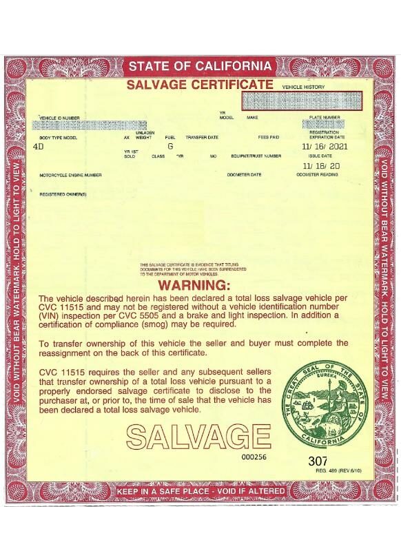USA California salvage certificate of a vehicle in PSD format