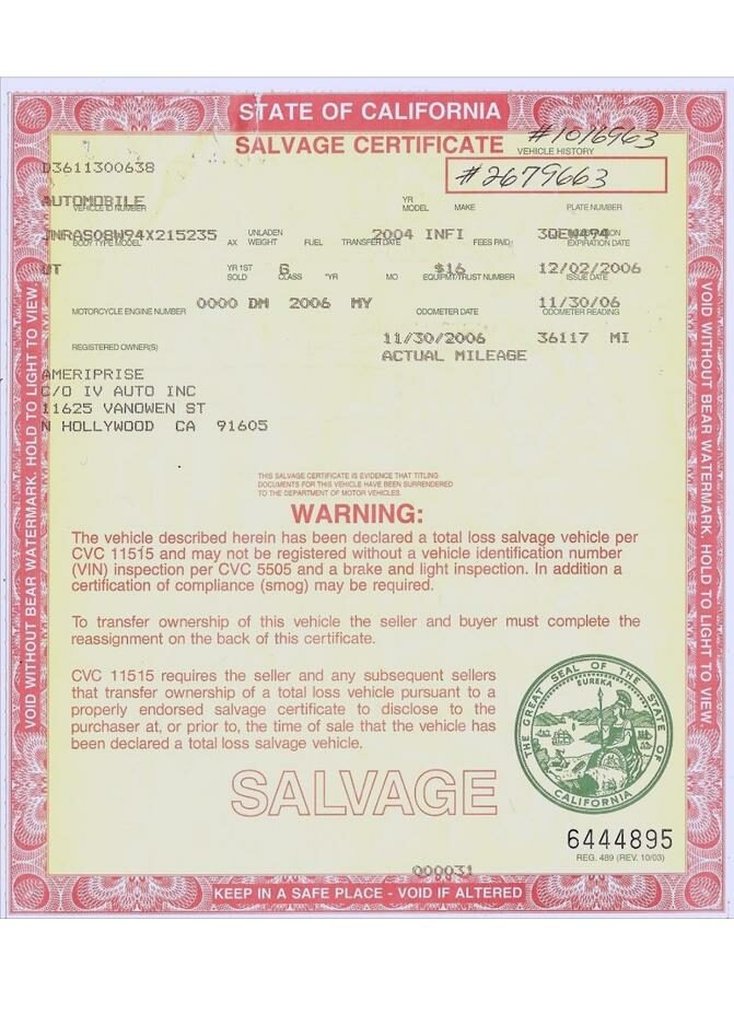 USA California salvage certificate in PSD format
