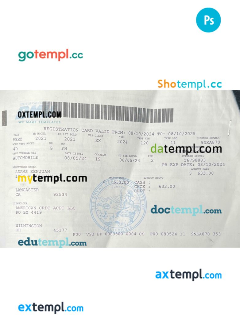 USA California vehicle registration license in PSD format
