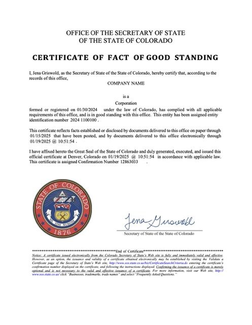 USA Colorado certificate of fact of good standing Word and PDF template