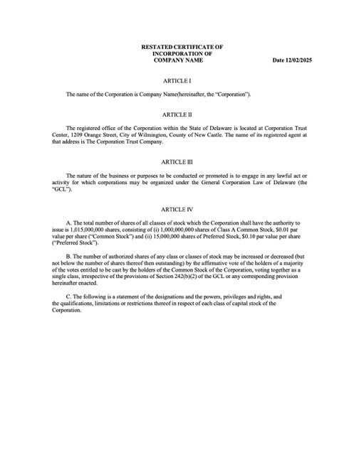 USA Delaware certificate of incorporation Word and PDF template, version 2