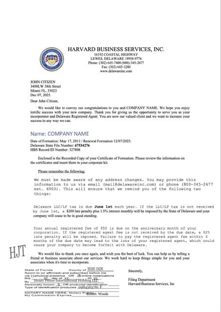 USA Delaware registration certificate Word and PDF template, version 2