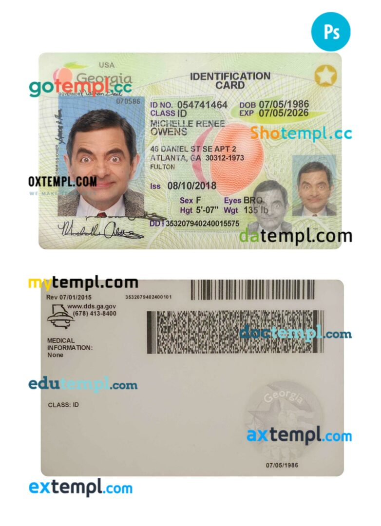 USA Georgia ID card PSD template, 2018-present