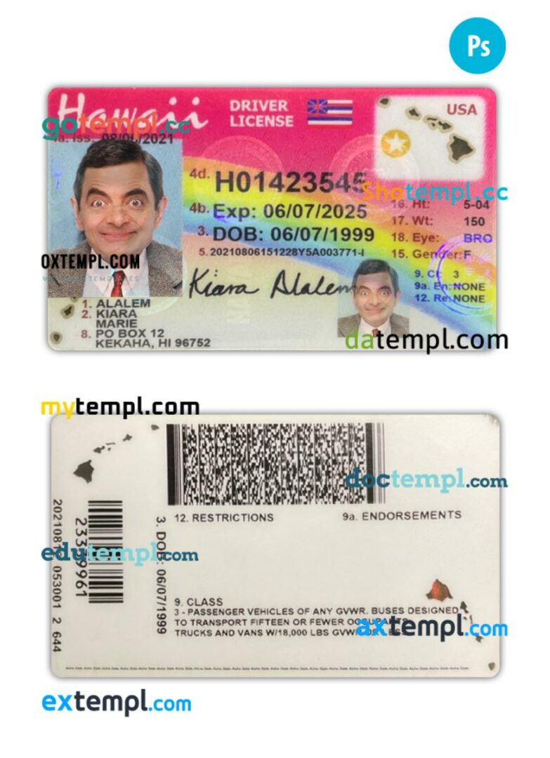 USA Hawaii driving license PSD editable template, 2021-present