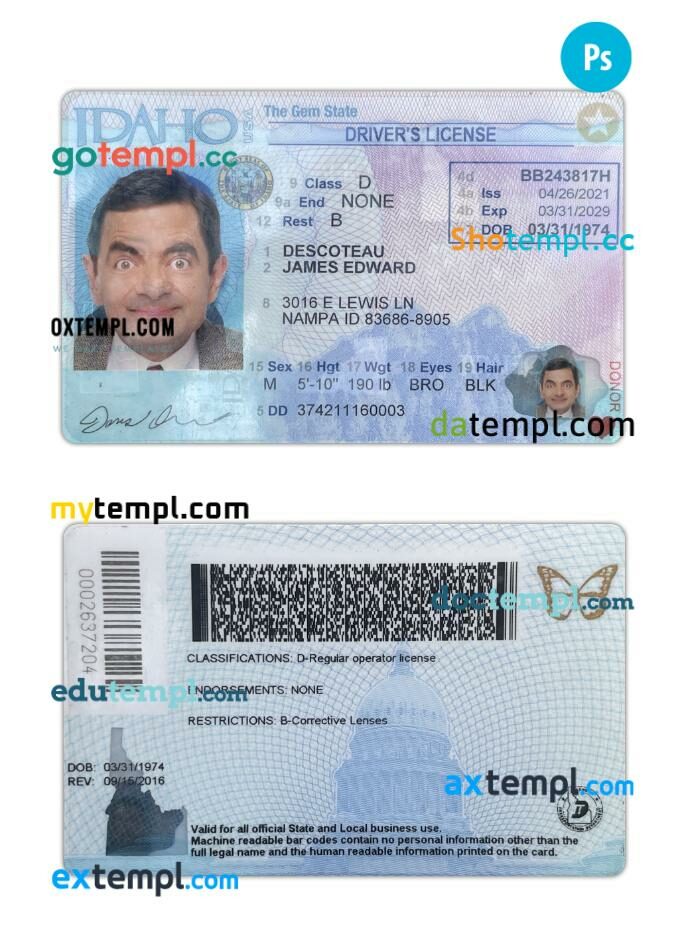 USA Idaho driving license PSD editable template, 2021-present