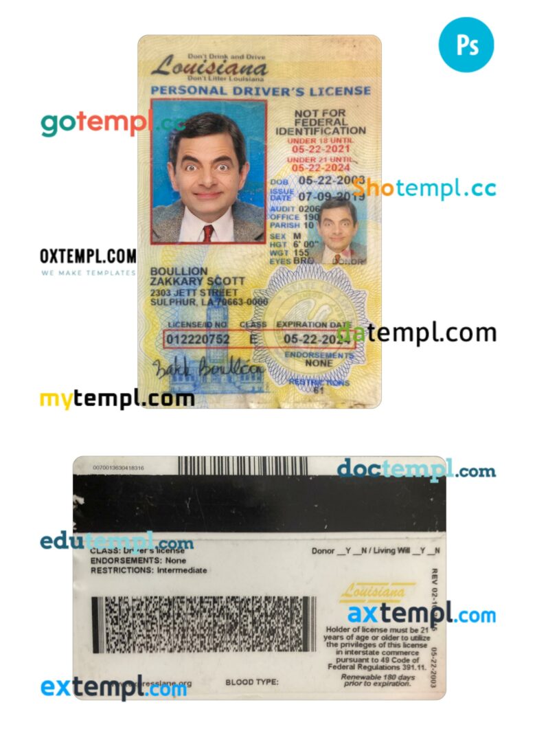 USA Louisiana under 21 driving license PSD editable template
