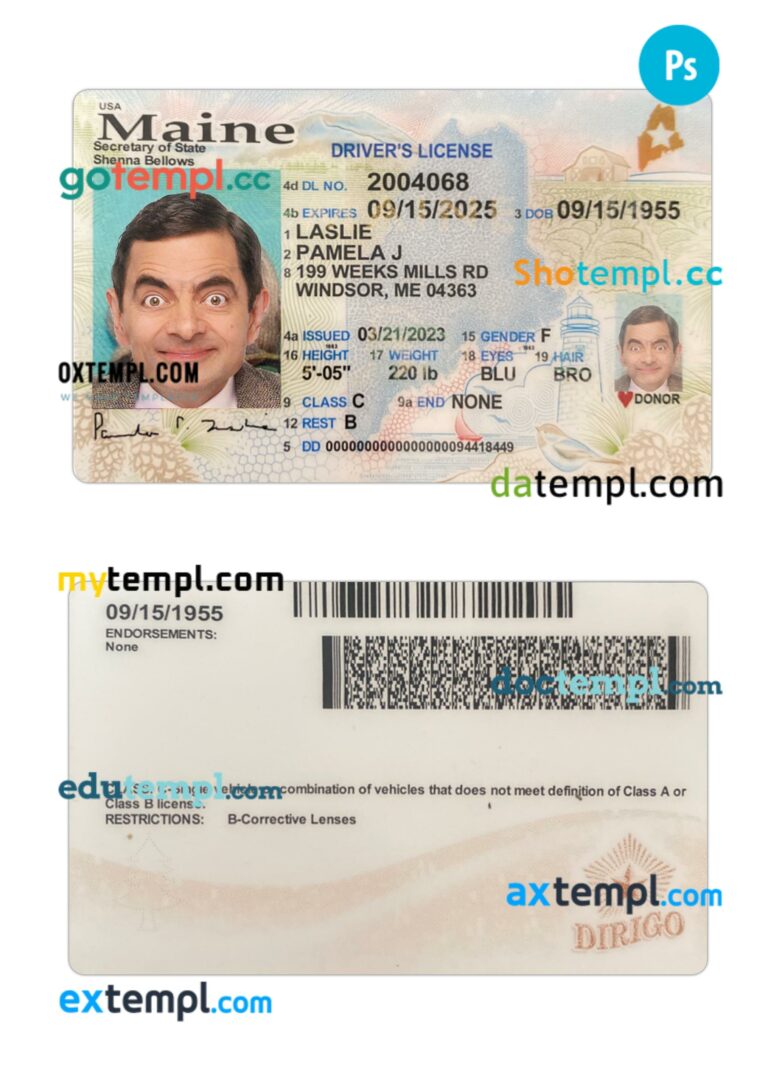 USA Maine driving license PSD editable template, 2023-present