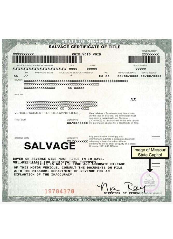 USA Missouri salvage certificate of title in PSD format
