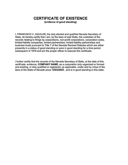 USA Nevada certificate of existence Word and PDF template