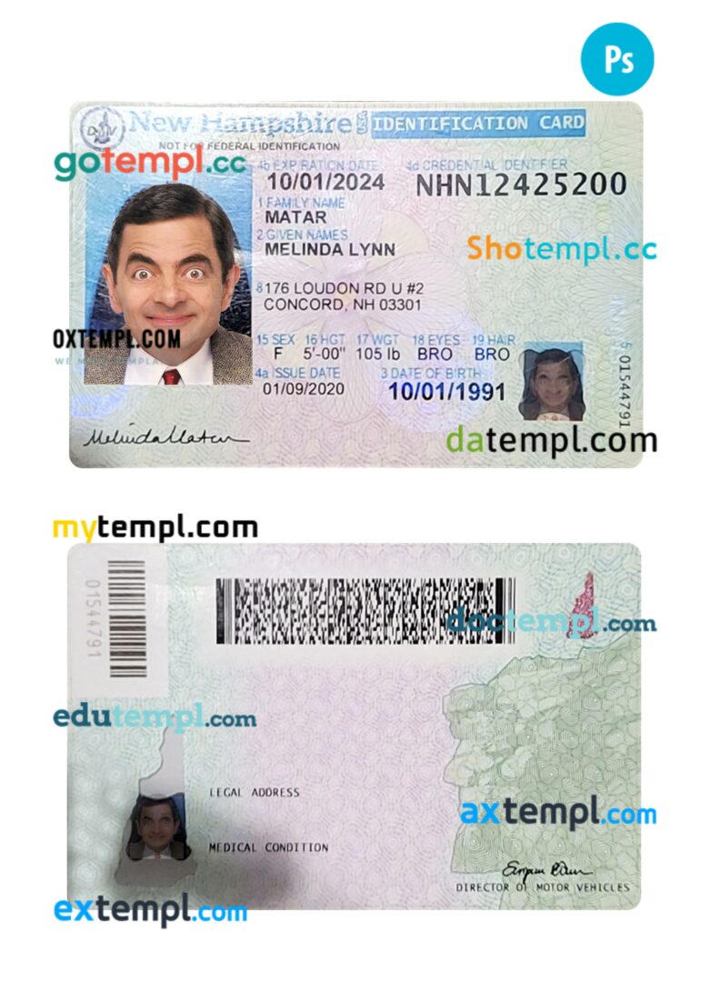 USA New Hampshire ID card PSD template