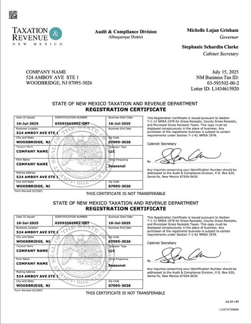 USA New Mexico registration certificate Word and PDF template