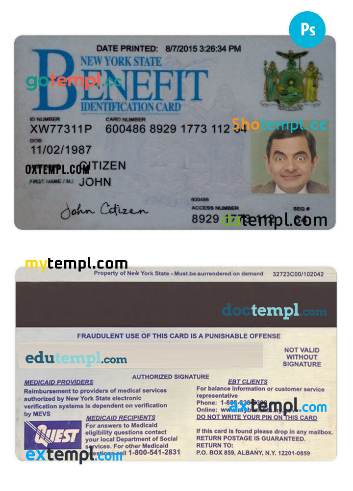 USA New York Benefit ID card PSD template