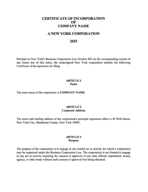 USA New York certificate of incorporation Word and PDF template, version 2