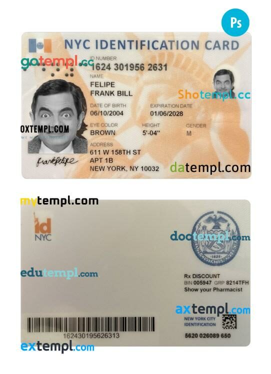 USA New York identification card PSD template