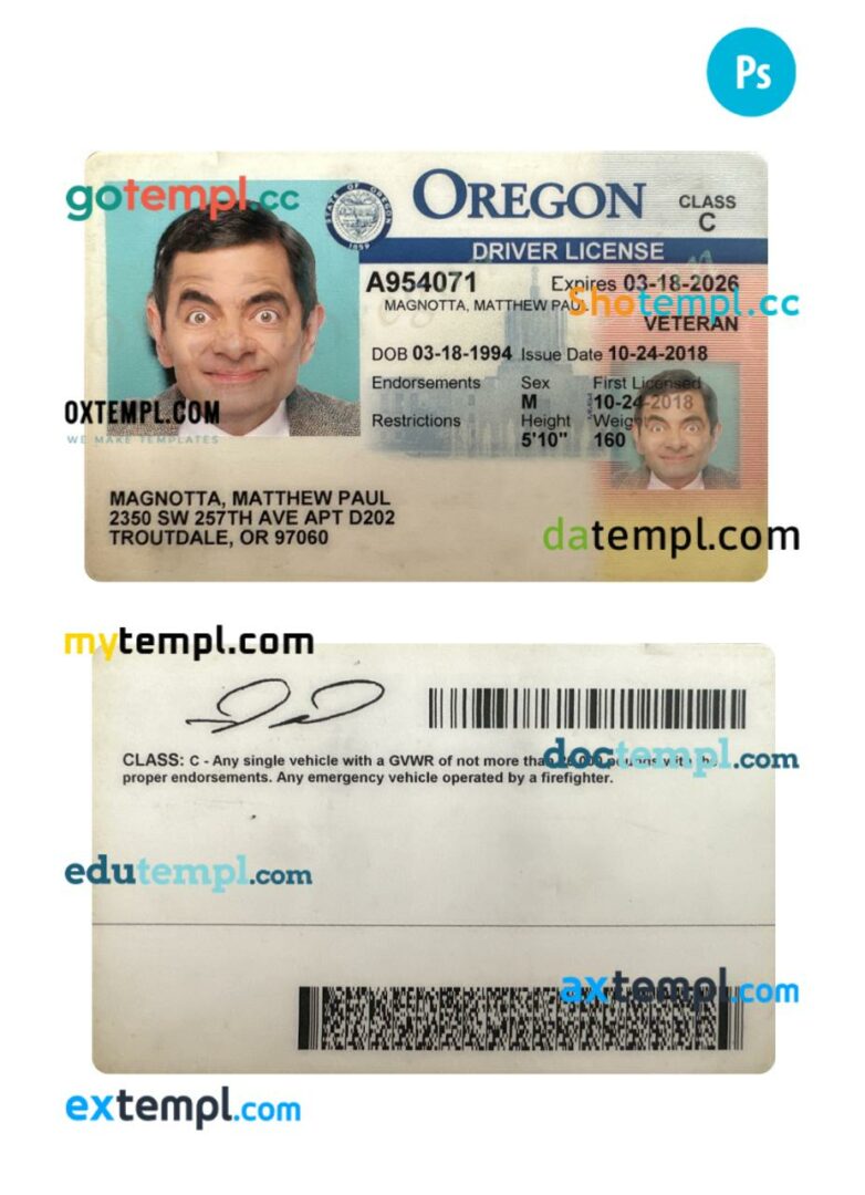 USA Oregon driving license PSD editable template, 2018-present