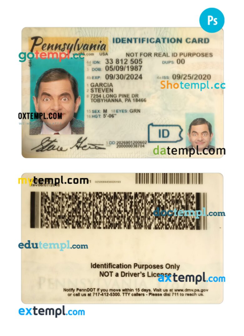 USA Pennsylvania ID card PSD template