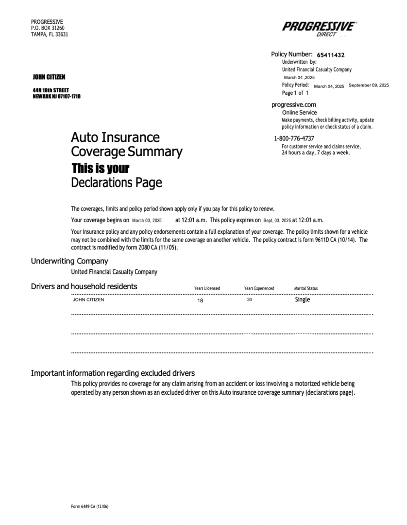 USA Progressive Insurance coverage summary Word and PDF template