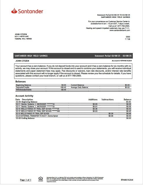 USA Santander Bank statement Word and PDF template