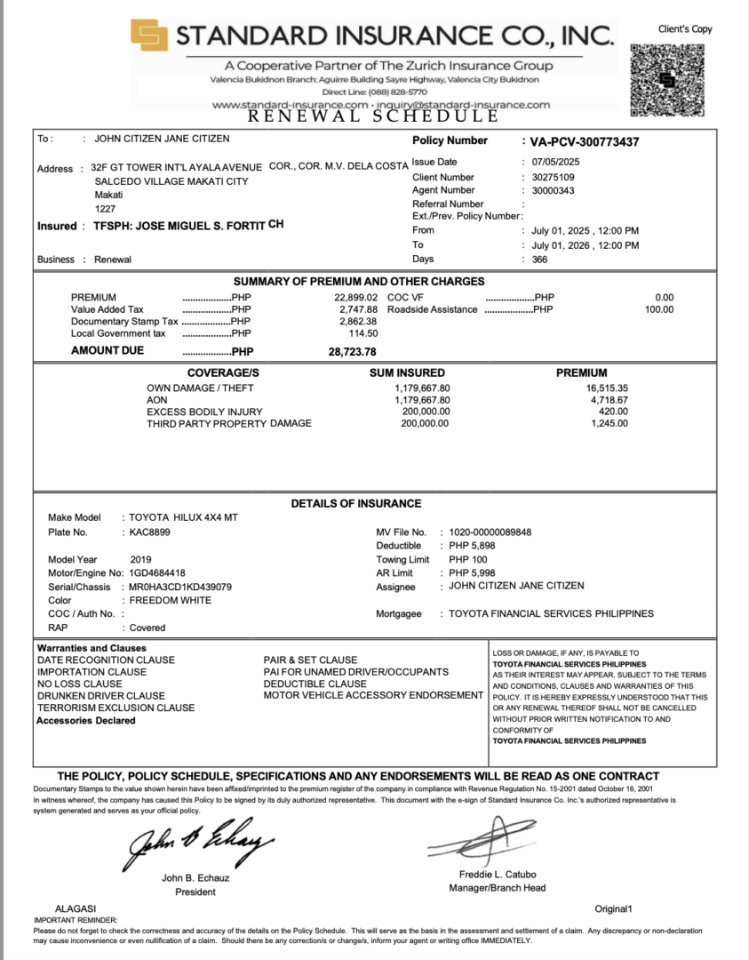 USA Standard Insurance renewal schedule Word and PDF template