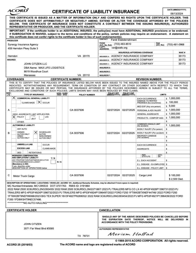 USA Synergy Insurance Agency certificate of liability insurance Word and PDF template