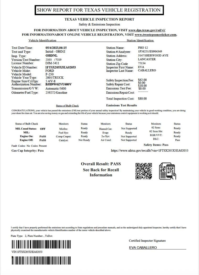 USA Texas vehicle inspection report in PSD format