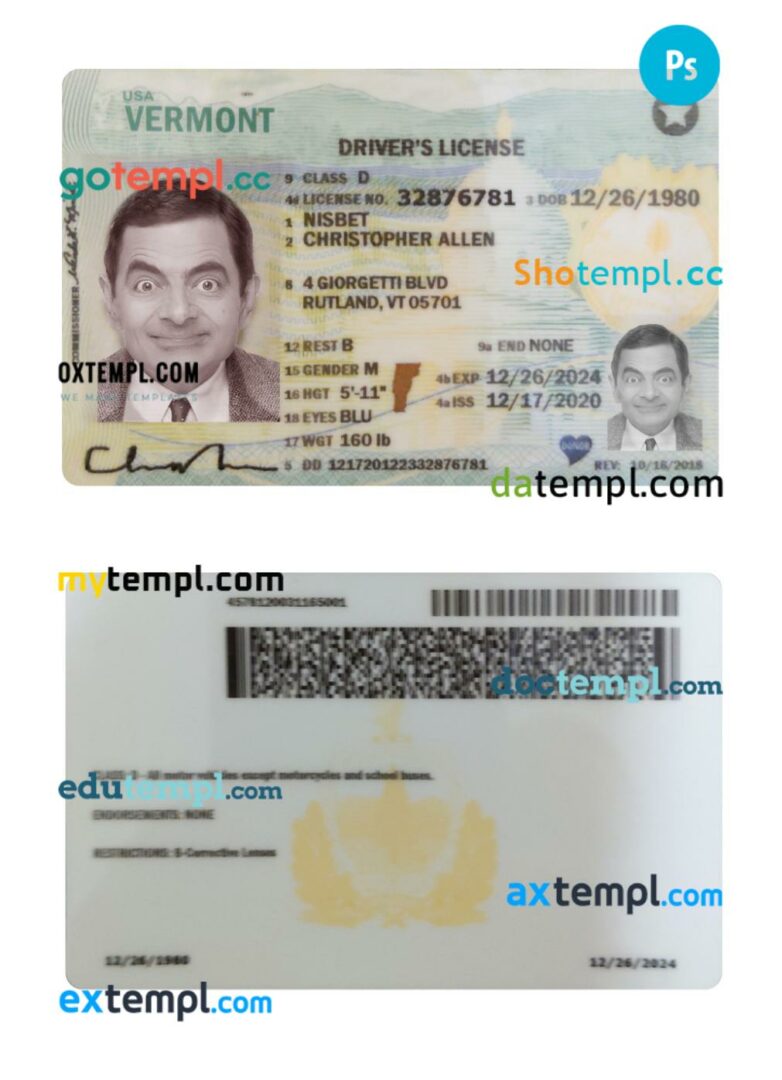 USA Vermont driving license PSD editable template, 2020-present